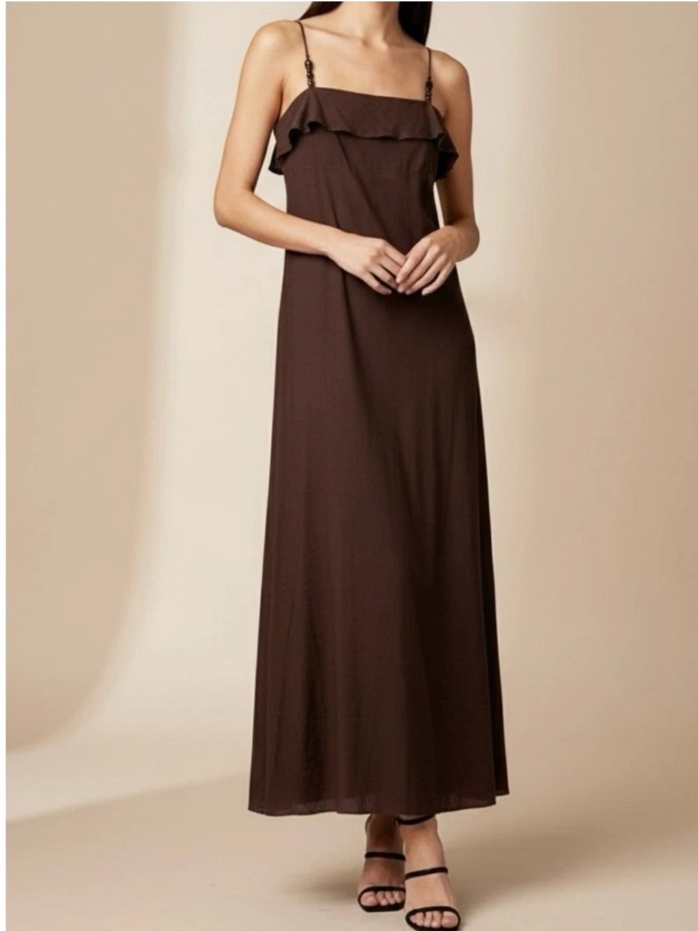 Women's linen blend cocoa brown Maxi Dress with beaded straps in a size Medium.